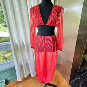 Vintage 1970s lingerie set, lipstick red, black trim, Genie harem style pajama